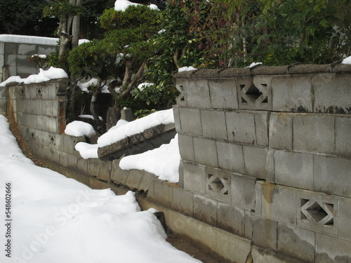 雪と崩れたブロック塀