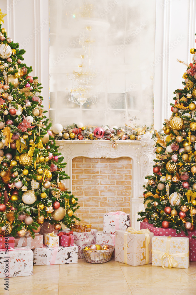 two large beautiful traditional Christmas trees with gifts in a classic interior