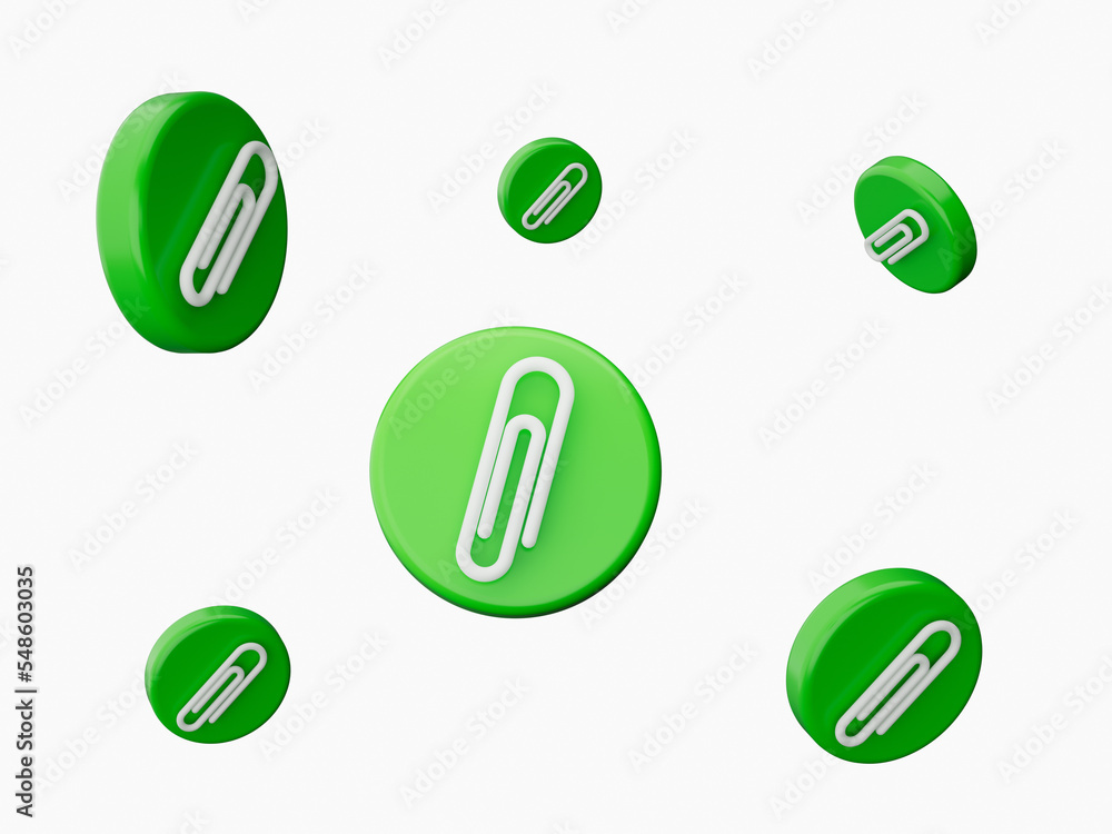 Attachment icon. Paper clip symbol. icon on white background. Green round press button 3d illustration Attachment icon. Paper clip symbol. icon on white background. Green round press button 3d illustration