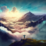 A man arms outstretched stands on the mountain top. High quality illustration