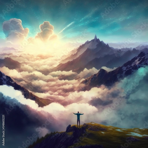 A man arms outstretched stands on the mountain top. High quality illustration
