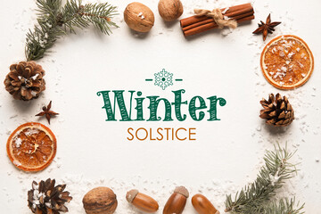 Beautiful greeting card for Winter Solstice celebration with natural decorations