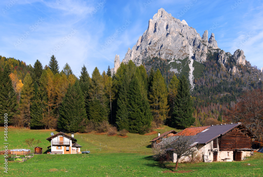 Autumn landscape on Pradidali Valley in the Dolomites, Italy, Europe