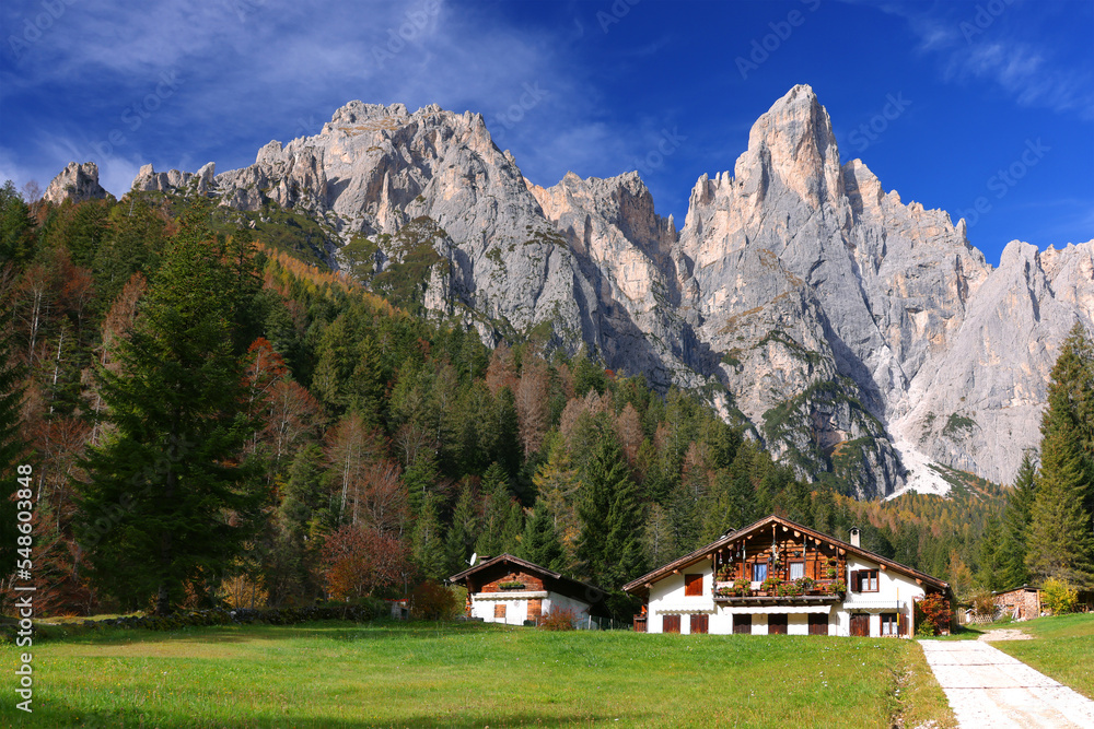 Autumn landscape on Pradidali Valley in the Dolomites, Italy, Europe