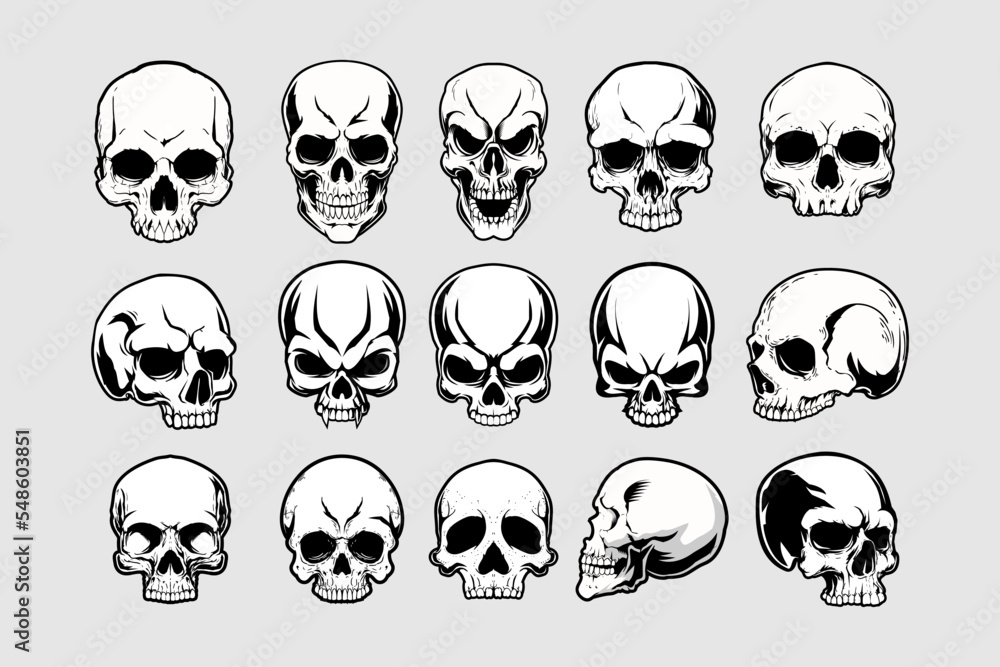 Set of skull head black and white vector template Set of skull head black and white vector template