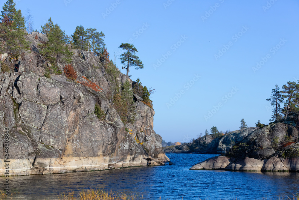 Obraz premium Ladoga skerries on the lake. A beautiful view of the rocky shores covered with pine trees. Nordic nature at sunset. Stunning view of islands and archipelago. National Park of Karelia