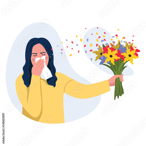 Vector illustration of allergies. Cartoon scene with a girl who is allergic to flowers and pollen on white background.
