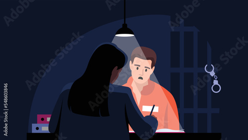 Vector illustration of prisoners. Cartoon scene with a prisoner who gives information to a police girl in an interrogation cell.