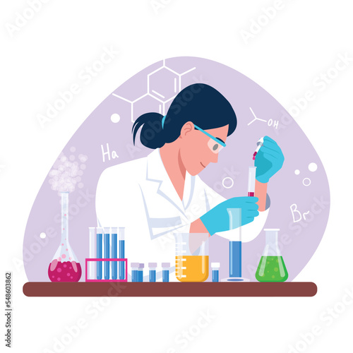 Vector illustration of chemists. Cartoon scene with a chemist who conducted experiments with different chemicals on white background.