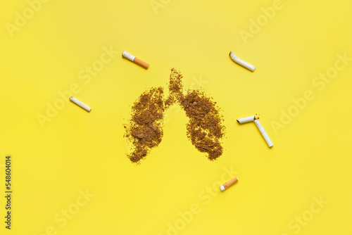 Εκτύπωση καμβά Lungs made of tobacco and cigarettes on yellow background