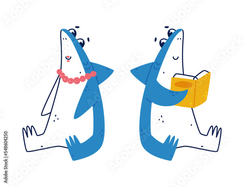 Cute Blue Shark as Sea Animal with Dorsal Fin with Necklace and Reading Book Vector Set