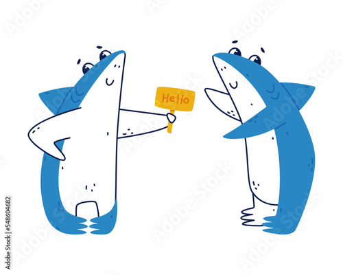 Cute Blue Shark as Sea Animal with Dorsal Fin with Signboard Saying Hello Greeting Vector Set