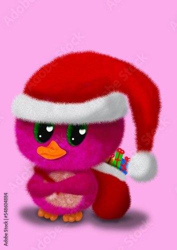 Little bird with the Christmas spirit dressed as Santa Claus.