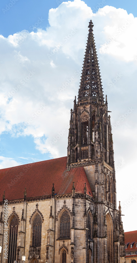 A church bell tower in Münster.  St. Lamberti in Münster. architecture and German churches
