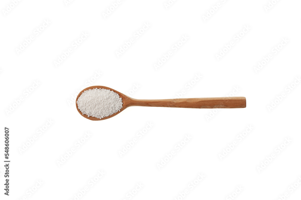 Φωτογραφία Sodium benzoate, sodium salt of benzoic acid in wooden spoon on white, top view