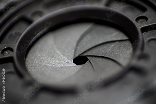 Objective aperture blades, camera lens aperture close up macro with sharpness gradient