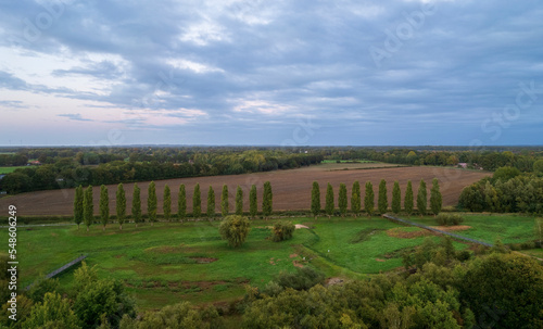 Aerial view of green fields and countryside at sunset. Aerial landscape photo. Gronau, Germany