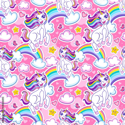 Seamless pattern with cute cheerful unicorn and rainbow. Vector endless background