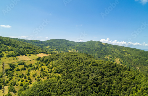 Fields and forested areas visible from the sky. black sea forests and geography aerial shot. Gerze, Sinop, turkey