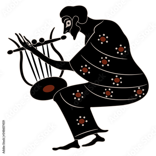 Seated ancient Greek man playing harp. Antique musician. Vase painting style. Isolated vector illustration.