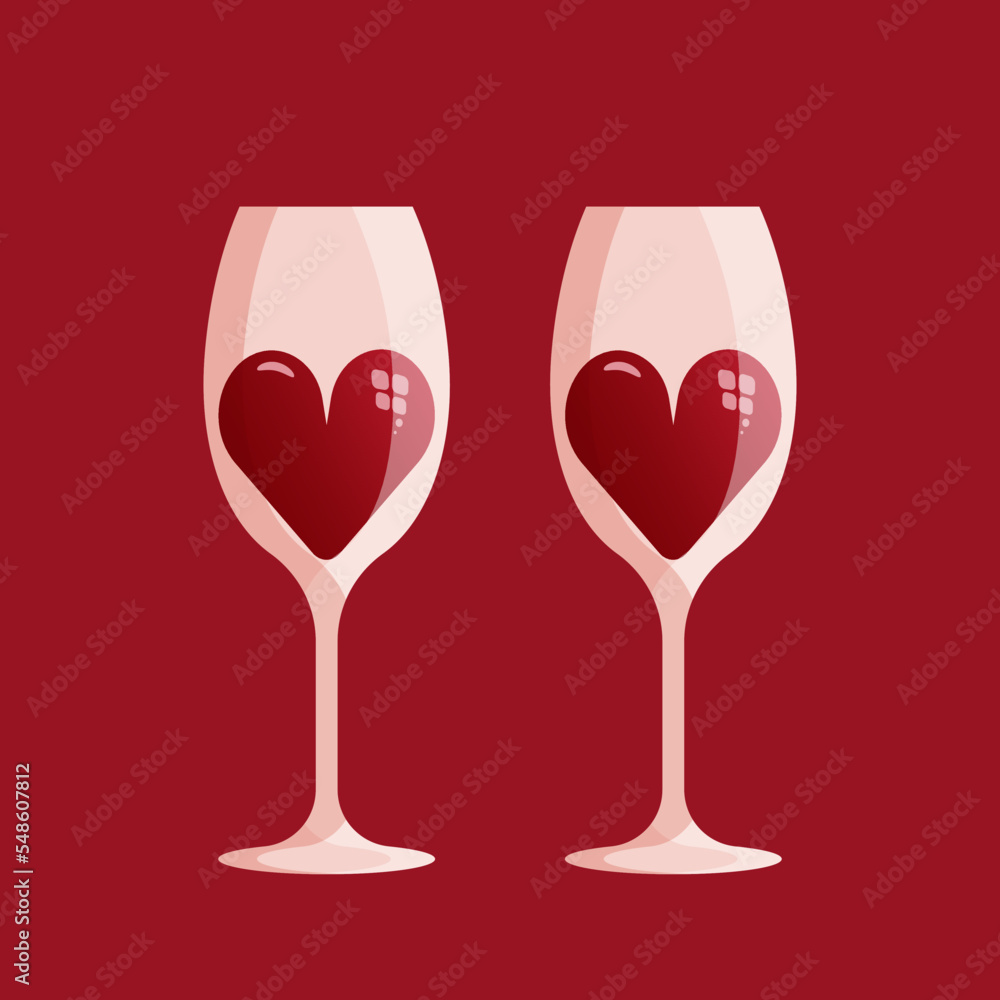 Two wine glasses with hearts. Two big red hearts in two wine glasses. Valentines day concept. Vector illustration