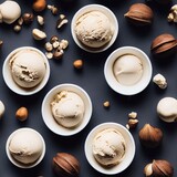 nuts and hazelnuts ice cream on seamless texture background. The endless tile pattern about the ice cream ingredients with nuts fruit flavor. 3D illustration and seamless background.