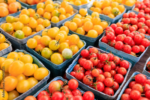 Fresh and organic tomatoes at farmers market
