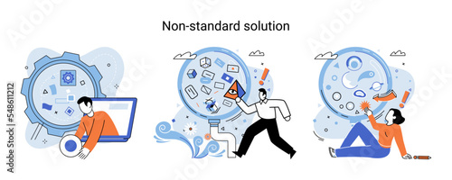 Non standart solution metaphor. Finding decisionss, problem solving. Teamwork, partnership. Working collaboration, corporate cooperation, creativity idea and innovation, colleagues mutual help concept