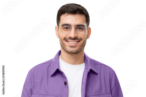 Headshot of handsome young man wearing round glasses, looking straight to the camera with smile