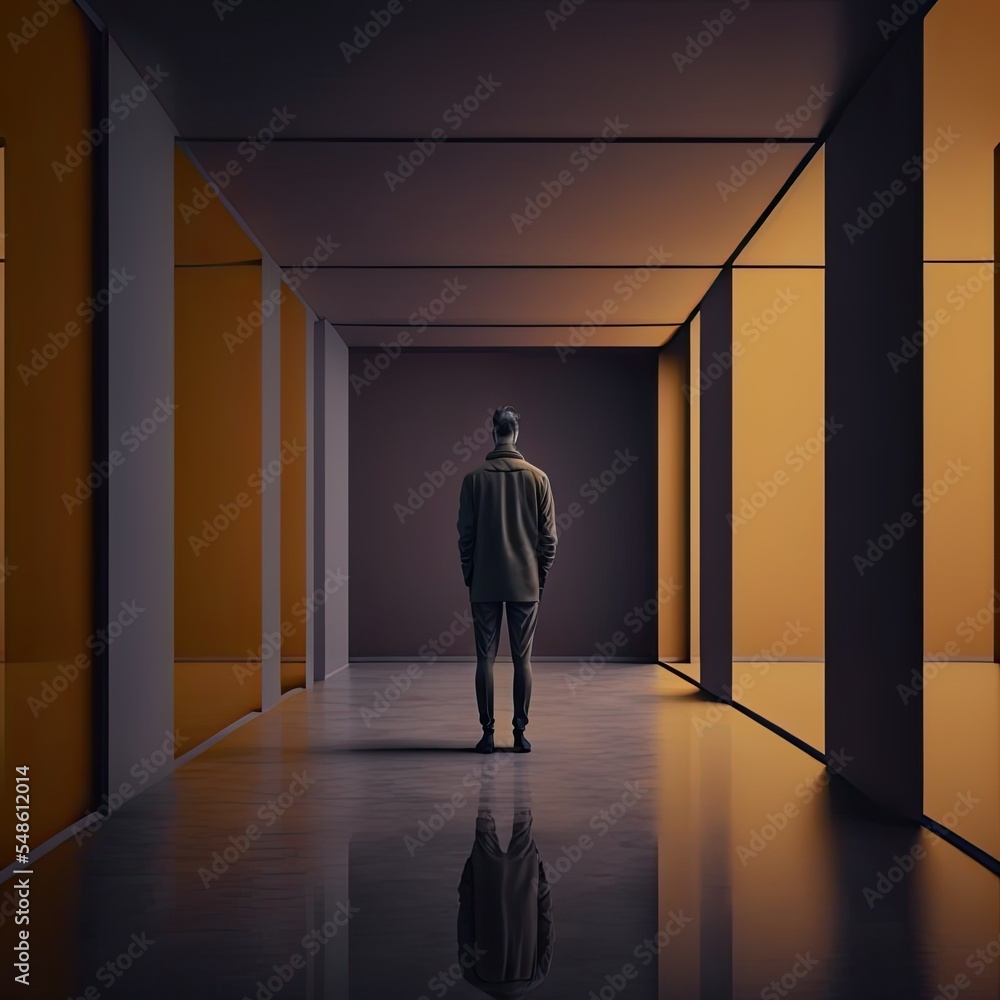 Fototapeta premium Man stands alone in corridor. Loneliness concept idea.