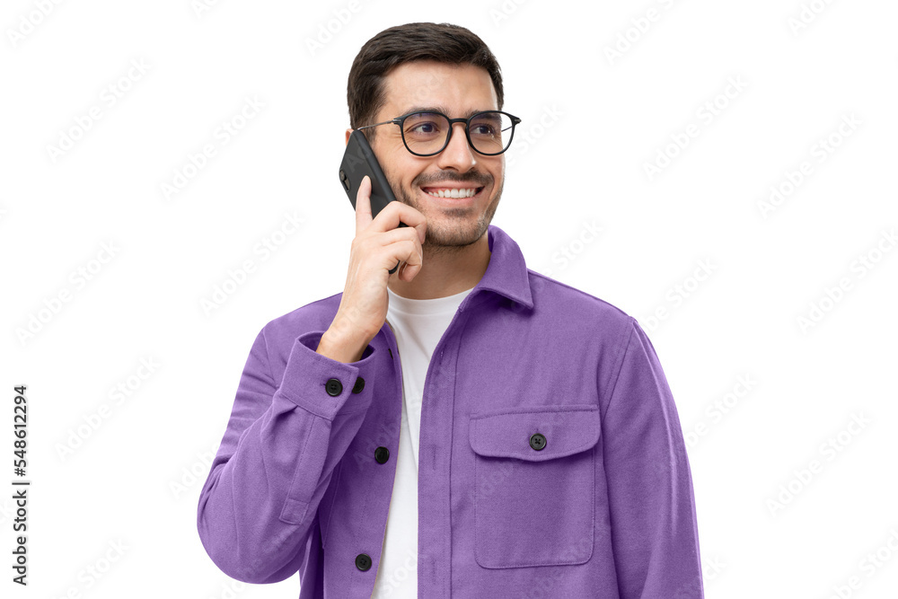 Portrait of handsome young man in purple shirt and glasses, answering phone call, looking aside with smile Portrait of handsome young man in purple shirt and glasses, answering phone call, looking aside with smile