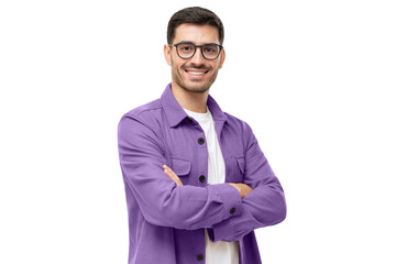 Young hispanic man wearing purple shirt and glasses, looking at camera with positive confident smile, holding arms crossed
