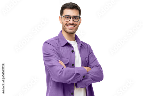 Young hispanic man wearing purple shirt and glasses, looking at camera with positive confident smile, holding arms crossed