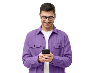 Young happy man looking at his phone