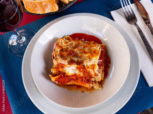 Appetizing meat lasagna a la Bolognese with bechamel sause
