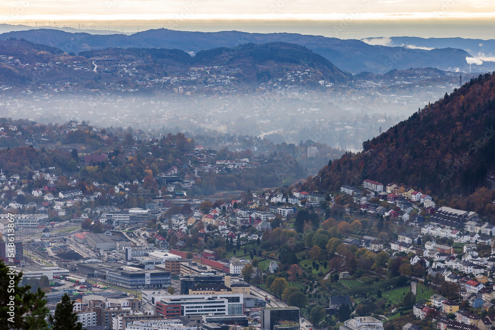 Bergen city view from Mount Floyen in autumn. Norway.