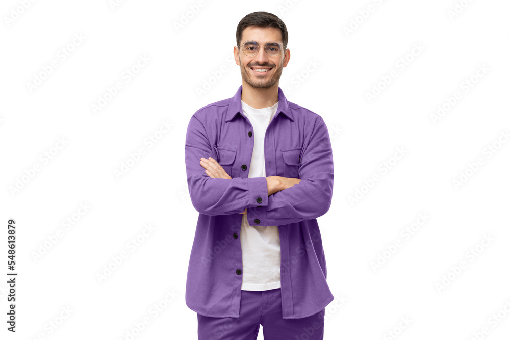 Young male teacher standing with crossed arms, wearing casual purple shirt, looking at camera Young male teacher standing with crossed arms, wearing casual purple shirt, looking at camera
