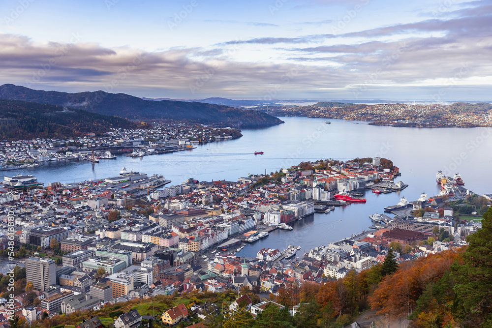 Bergen city view from Mount Floyen in autumn. Norway.