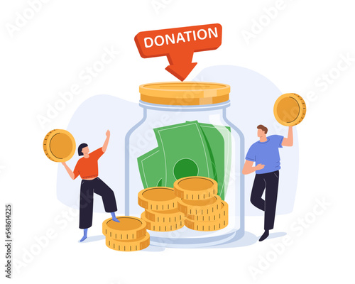 Characters donating money illustration set. Volunteers putting coins in donation box and donating credit card online