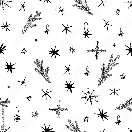 Christmas doodle seamless pattern in line art style. Abstract line drawing.