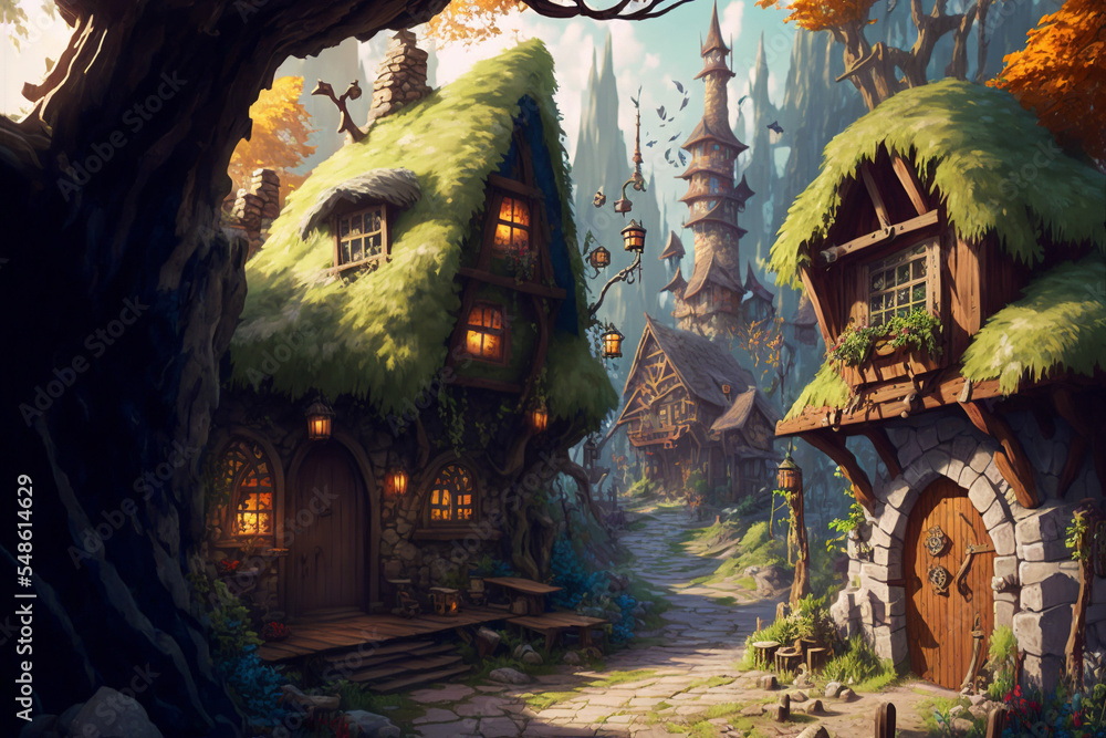 Fantasy forest village illustration, magical storybook town Stock
