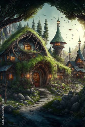 Fantasy forest village illustration, magical storybook town
