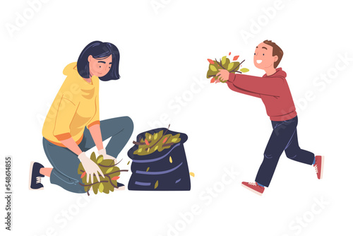 Teen Boy and Woman Volunteer Character with Bag Cleaning Street Gathering Foliage Vector Set
