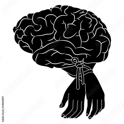 Human hands tied with a rope and a brain. Burden of intellect and knowledge. Creative concept. Black and white silhouette.