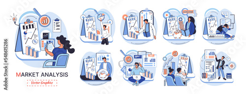 Market statistics analysis, financial advisor, customer relationship management business themes metaphor. Investment money, management planning for customer. Fiscal consultantation, client interaction