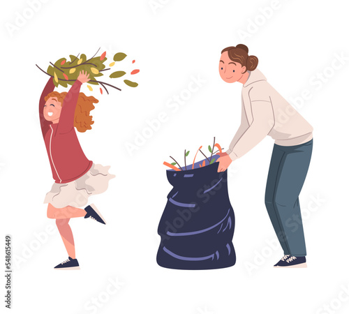 Woman and Girl Volunteer Character with Bag Cleaning Street Gathering Foliage Vector Set