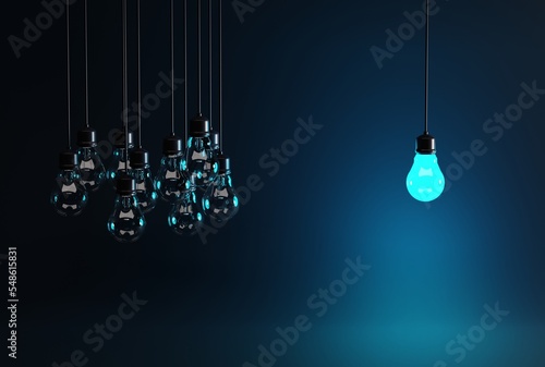 One light bulb on the background of many extinguished light bulbs. Business concept, idea discovery, idea. Brainstorming, and teamwork. 3D render; 3D illustration.