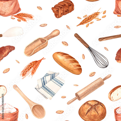 Watercolor seamless pattern cooking utensils and bread . Illustration on white background. Isolated on white background cafe, restaurant menu element.