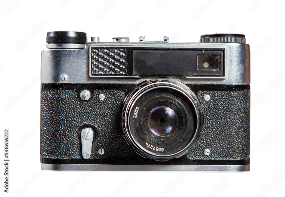 Retro film photo camera isolated on white background.