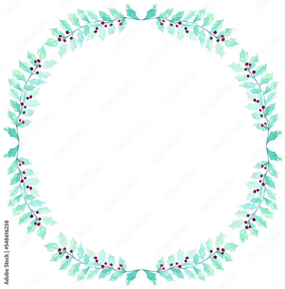 Christmas frame, watercolor holly Christmas border, wreath, New Year graphic elements for party invitations, birthday, wedding invitations , thank you cards, DIY projects, 500 dpi PNG with transparent